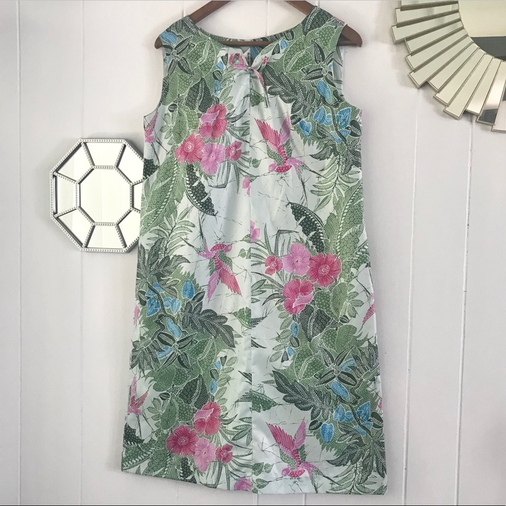 Vintage Hawaiian Hummingbird Floral Blue Pink Dress Small